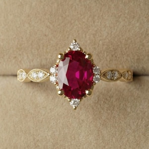 Oval Cut Pink Ruby Engagement Ring, Cluster Setting Anniversary Ring, Half Eternity Promise Ring, 14K Yellow Gold Women Ring, Gift For Her.