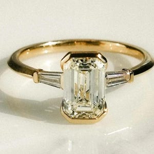 Three Stone Ring, 2.0 Ct Emerald Cut Lab Diamond Engagement Ring, Half Bezel Set Wedding Ring,Side Baguette Promise Ring,14K Solid Gold Ring