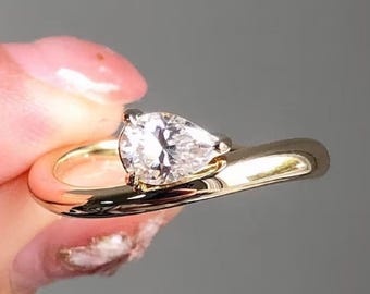 East West Pear Cut Lab Grown Diamond Ring: 14K Yellow Gold Wave Band