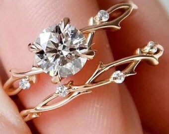 1.0 Ct Round Cut Lab Diamond Twig Engagement Ring Set, Nature Wedding Ring Set, 14K Rose Gold Anniversary Ring Set For Her,Bridal Set
