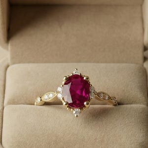 Oval Cut Pink Ruby Engagement Ring, Cluster Setting Anniversary Ring, Half Eternity Promise Ring, 14K Yellow Gold Women Ring, Gift For Her.