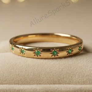 10K Yellow Gold Proposal Ring, Round Cut Green Emerald Engagement Ring, Flush Set Simple Band, Half Eternity Anniversary Ring, Wedding Ring.