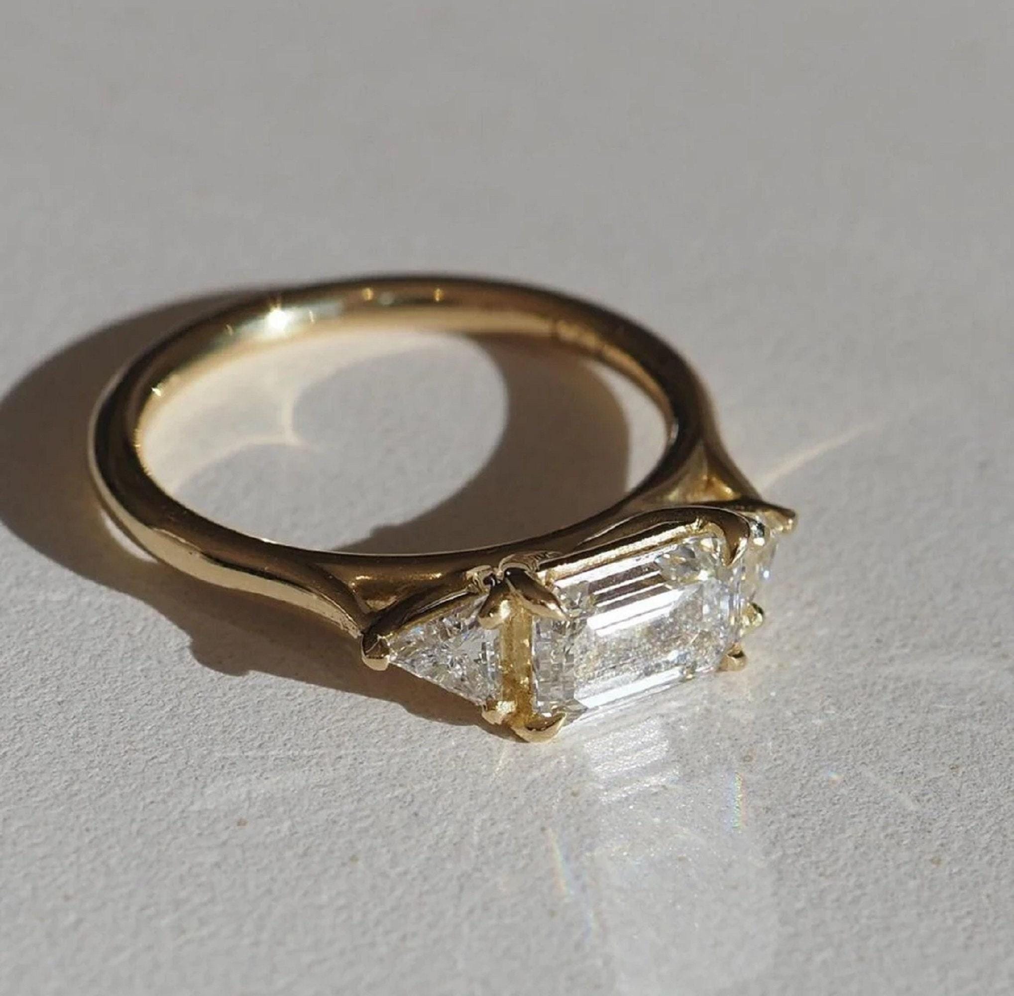 Emerald Cut Lab Diamond Engagement Ring: 14K Yellow Gold Three Stone ...