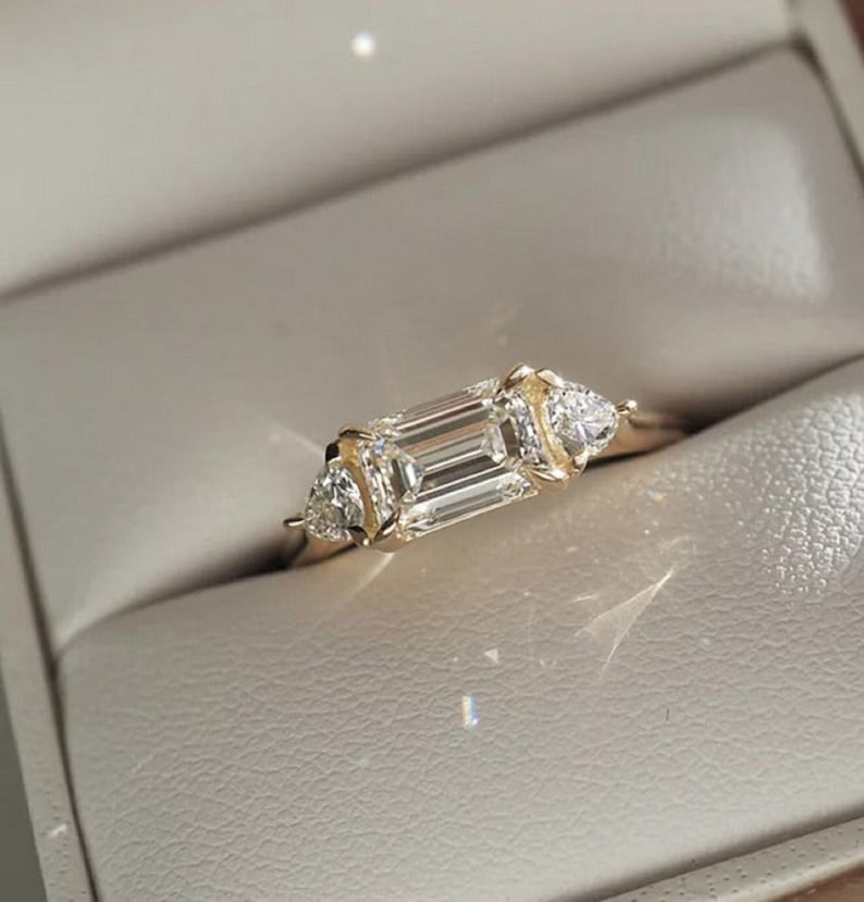 Emerald Cut Lab Diamond Engagement Ring: 14K Yellow Gold Three Stone ...