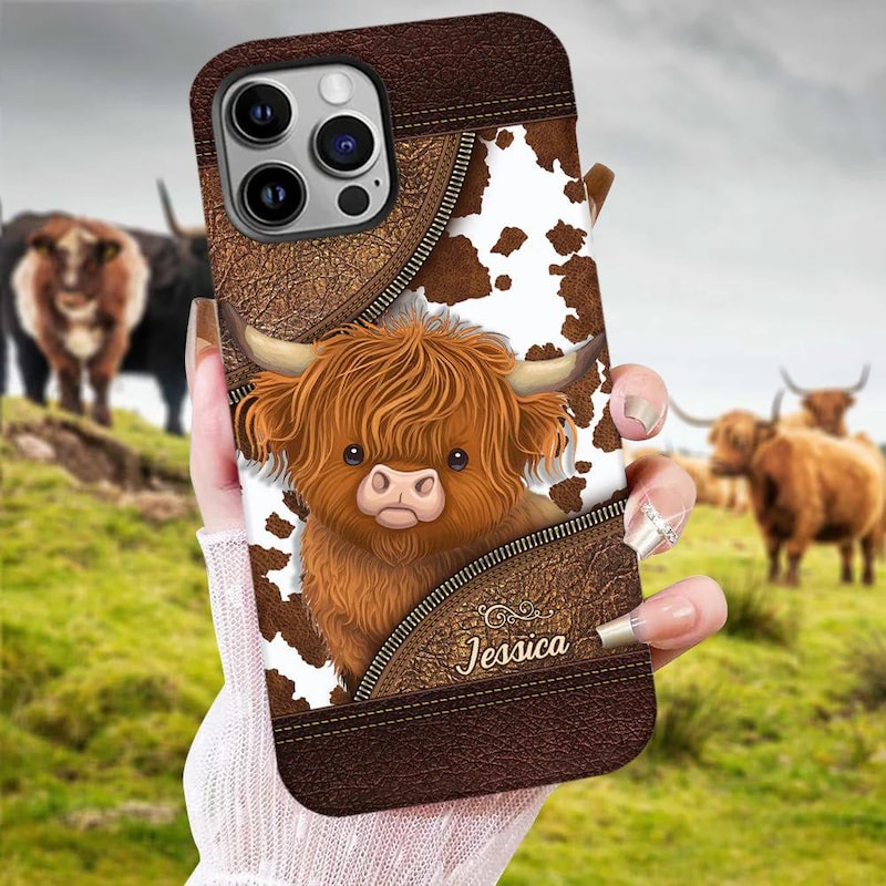 Just a Girl Who Loves Highland Cow Personalized 3D Phone Case, Leather Milk Cow Pattern Phone Cover for iPhone/Samsung, Western Gift