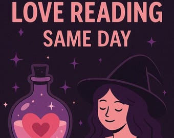 Puede incluir: Una ilustración gráfica de color morado oscuro que muestra a una persona con sombrero puntiagudo y ojos cerrados. A la izquierda, una botella de poción morada contiene un corazón rosa. El texto LOVE READING SAME DAY aparece en rosa.