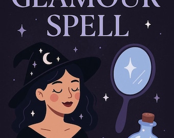 May include: A dark purple graphic illustration featuring the text GLAMOUR SPELL at the top. Below, a person with dark hair wears a black witch hat with a crescent moon and stars. Beside them is a purple hand mirror and a potion bottle with a heart.