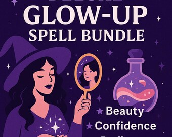May include: A purple graphic illustration titled DELUXE GLOW-UP SPELL BUNDLE featuring a person in a witch hat holding a hand mirror, a potion bottle, and the text Beauty, Confidence, Radiance with star accents on a dark purple background.