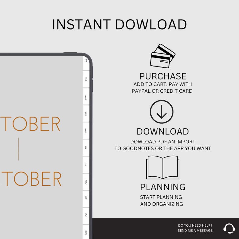 Pu&ograve; includere: Un'illustrazione digitale che mostra i passaggi per acquistare e scaricare un planner digitale. I passaggi sono: Acquisto, Download e Pianificazione. L'illustrazione mostra uno smartphone con un planner digitale aperto al mese di ottobre. Il testo "INSTANT DOWNLOAD" &egrave; nella parte superiore dell'immagine.