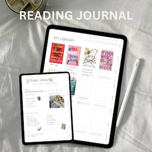 Puede incluir: Dos tabletas digitales con un tema de diario de lectura. La primera tableta muestra una página de objetivos de lectura anuales con secciones para "Presentado", "Leído", "Objetivos", "Reflexión" y "Seguimiento". La segunda tableta muestra una página "Mi biblioteca" con portadas de libros para "A Court of Thorns and Roses", "Red, White & Royal Blue", "Cruel Prince" y "It Ends With Us".