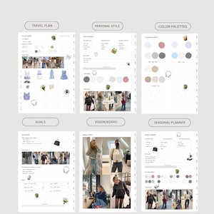 Pu&ograve; includere: Un planner stampabile con sezioni per viaggi, stile personale, palette di colori, obiettivi, vision board e pianificazione stagionale. Il planner presenta un design minimalista con sfondi bianchi e testo nero.
