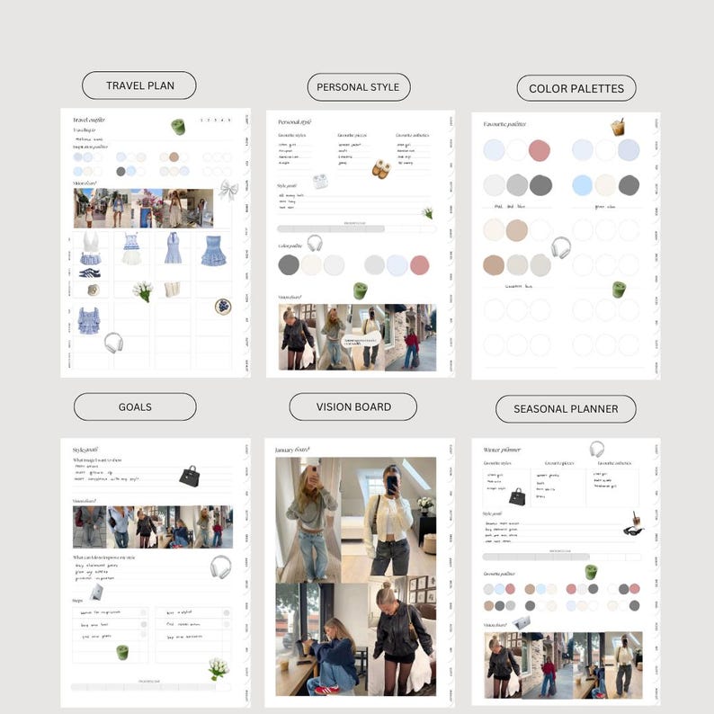 Pu&ograve; includere: Un planner stampabile con sezioni per viaggi, stile personale, palette di colori, obiettivi, vision board e pianificazione stagionale. Il planner presenta un design minimalista con sfondi bianchi e testo nero.