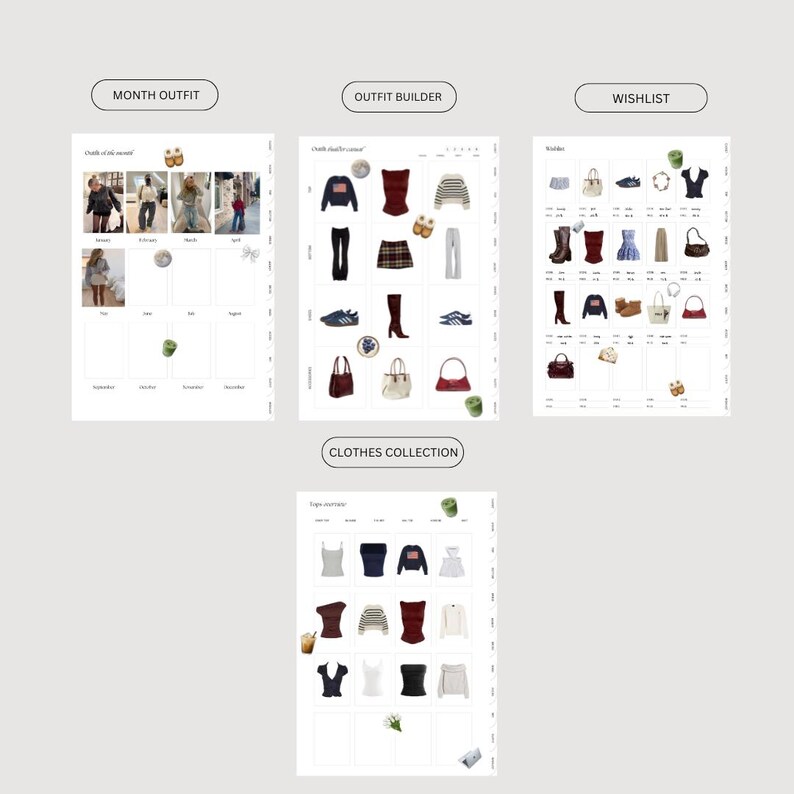 Pu&ograve; includere: Un planner stampabile per creare outfit. Il planner include sezioni per un calendario mensile degli outfit, un creatore di outfit, una lista dei desideri e una collezione di vestiti.