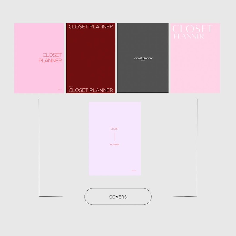 Pu&ograve; includere: Cinque copertine diverse per un planner per l'armadio. Le copertine sono rosa, rosso, grigio e lilla chiaro. Il testo "CLOSET PLANNER" &egrave; stampato in rosa su ogni copertina.