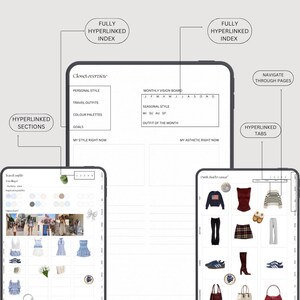 Pu&ograve; includere: Un modello di planner digitale per organizzare un guardaroba. Il modello include sezioni per lo stile personale, gli outfit da viaggio, le palette di colori, gli obiettivi, il pannello di visione mensile, lo stile stagionale, l'outfit del mese e il mio stile estetico attuale. Il modello &egrave; completamente ipercollegato e include schede per navigare tra le pagine.
