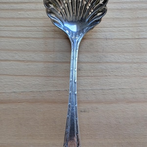 May include: A silver serving spoon with a decorative shell-shaped bowl and a long, detailed handle. The spoon is made of metal and rests on a wooden surface. The spoon's bowl has a fan-like design with small cutouts.