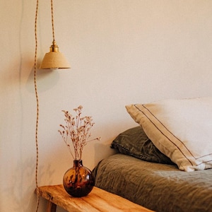 Peut inclure: Une table de chevet en bois avec un vase en verre brun rempli de fleurs séchées. Un oreiller blanc avec une bordure noire repose sur une couverture de lit verte. Une lampe suspendue avec un abat-jour beige est fixée au mur.