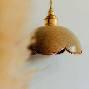 Puede incluir: Una lámpara colgante de cerámica marrón con una fijación de metal dorado y un cable trenzado.