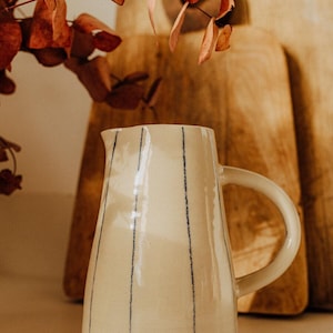 May include: A white ceramic jug with black vertical stripes. The jug has a wide mouth and a handle.