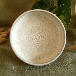 Peut inclure: Un bol rond en céramique avec une base blanche et un vernis vert clair. L'intérieur présente un motif floral central en relief entouré d'une série de petites taches circulaires irrégulières créant un aspect texturé et tacheté sur la surface.