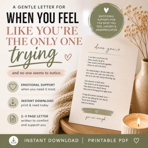 Könnte beinhalten: Ein druckbares PDF-Schreiben mit dem Text "A Gentle Letter For When You Feel Like You're The Only One Trying." Der Brief bietet emotionale Unterstützung und ist für den sofortigen Download konzipiert. Eine Kerze und eine Vase sind ebenfalls im Bild.
