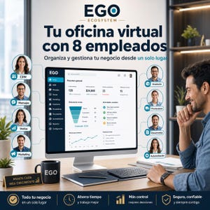以下が含まれることがあります： コンピューターモニターには、ビジネス指標を示すEGO Ecosystemのダッシュボードが表示され、8人の従業員の円形ポートレートが周囲に配置されています。EGOロゴ入りの黒いマグカップが、Menos Caos Más Crecimientoと書かれた看板の横のデスクに置かれています。