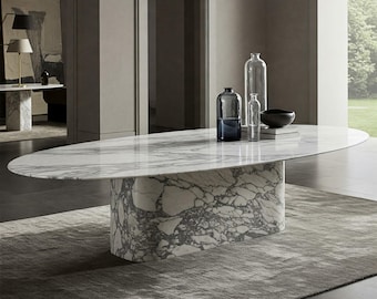 Serenite Oval Marble Dining Table: Sculptural Base, Natural Stone Top, Contemporary Furniture