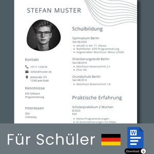 Könnte beinhalten: Eine Lebenslaufvorlage für Schüler mit einem Foto eines jungen Mannes, einer deutschen Flagge und dem Text "Für Schüler". Der Lebenslauf enthält Abschnitte für Kontaktinformationen, Fähigkeiten, Ausbildung und Berufserfahrung.