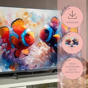 Könnte beinhalten: Ein digitales Gemälde von zwei Clownfischen, die in einem Korallenriff schwimmen. Das Gemälde ist im Aquarellstil gehalten mit leuchtenden Farben und einer weichen, verträumten Atmosphäre.