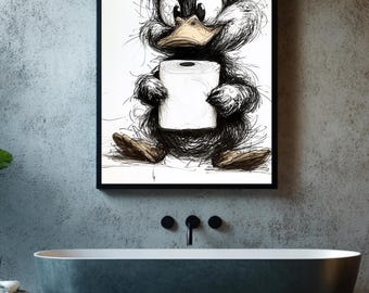 Duck Poster Bathroom, Wall Decoration, Funny Duck Print with Toilet Paper – Digital Download, Black and White Wall Picture, Art Print Bathroom