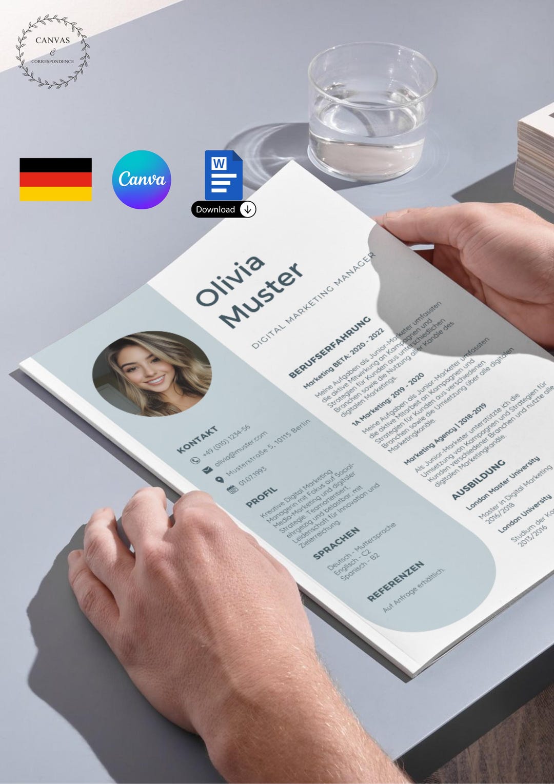 Modern Digital Resume Template in German, Editable CV Template for Word ...