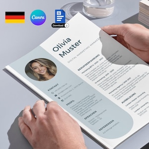Plantilla de CV digital moderna en alemán, plantilla de CV editable para Word y Canva para solicitudes y carreras, carta de motivación