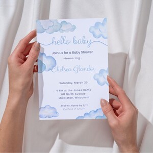 Blue Cloud Baby Shower Invitation Template (Canva)