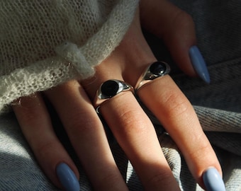 Signet ring Sterling silver, Pinky ring, Round and oval onyx ring, Silver signet ring, Black onyx signet ring, Unisex signet, Black Signet