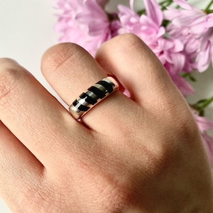 Black onyx striped sterling silver ring, Black striped sterling silver ring, Sterling silver and black onyx inlay ring, Zebra stripes ring