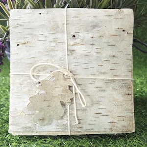 May include: A stack of birch bark squares tied with twine, featuring a leaf-shaped tag. The bark has a natural, textured appearance with light brown and gray tones. The twine is a light beige color. The background includes green grass and purple flowers.
