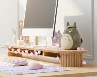 Cozy Monitor Stand - Large Solid Wood 46 Inch | Maple | Ergonomic Fluted Gamer Girl Aesthetics