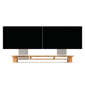 May include: A wooden monitor stand with two black computer screens. The stand has a light brown finish and a minimalist design, with a shelf for accessories. The screens are mounted on silver stands.