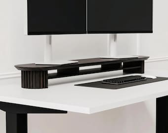 Fluted Monitor Stand - Handmade Large Solid Wood Desk Riser | Dark Walnut