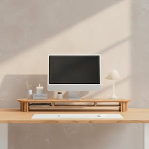Cozy Monitor Stand - Large Solid Wood 46 Inch | Maple | Ergonomic Fluted Gamer Girl Aesthetics Bild 10