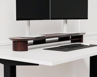 Fluted Monitor Stand - Handmade Large Solid Wood Desk Riser | Dark Walnut