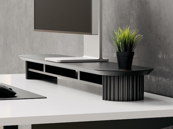 Large Fluted Black Wood Monitor Stand – 46 Inch Desk Riser