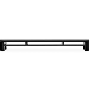 May include: A black oval coffee table with a modern design. The table has two shelves and fluted legs.