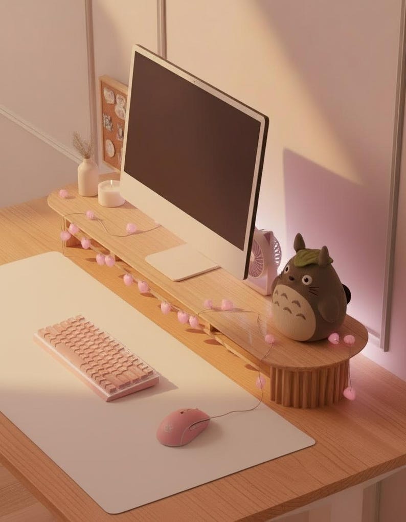 K&ouml;nnte beinhalten: Ein Monitorst&auml;nder aus hellem Holz mit geriffeltem Sockel steht auf einem Schreibtisch und tr&auml;gt einen Computermonitor, eine kleine Totoro-Figur und eine wei&szlig;e Kerze. Eine rosa mechanische Tastatur und eine rosa Maus liegen auf einer wei&szlig;en Schreibtischunterlage.