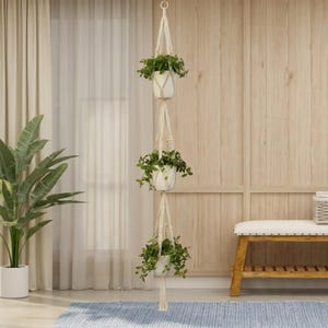 Colgador de macramé para plantas, colgante doble para plantas, soporte para plantas de interior y exterior, decoración bohemia para el hogar, colgador vertical para plantas, decoración única para plantas.