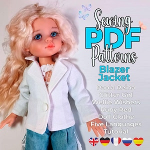 May include: A doll wearing a white blazer and blue jeans. The doll has blonde hair and blue eyes. The image includes the text "Sewing PDF Patterns Blazer Jacket" and lists doll brands. The image also includes the flags of five countries.