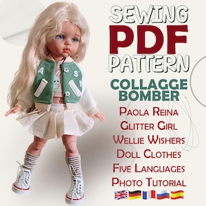 May include: A doll wearing a green and white bomber jacket, a white pleated skirt, and white sneakers. The doll has long blonde hair and blue eyes. Text on the image reads "SEWING PDF PATTERN COLLAGGE BOMBER" and lists doll brands.