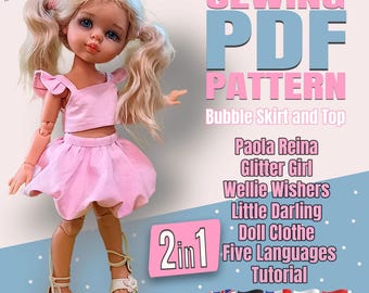 May include: A doll with blonde hair in pigtails wearing a light pink two-piece outfit consisting of a sleeveless top and a bubble skirt, paired with white sandals. The text reads SEWING PDF PATTERN, Bubble Skirt and Top, 2in1, and Five Languages Tutorial.