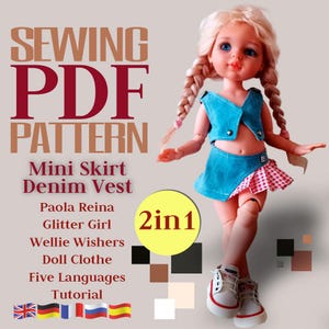 May include: A doll wearing a denim vest and mini skirt, with a red and white checkered pattern. The image includes text that reads "SEWING PDF PATTERN" and "Mini Skirt Denim Vest". The doll is wearing white sneakers.