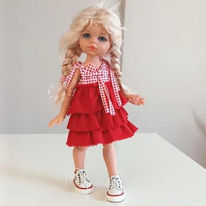 Handmade Red Cotton Doll Dress: Fits 13&quot; Dolls